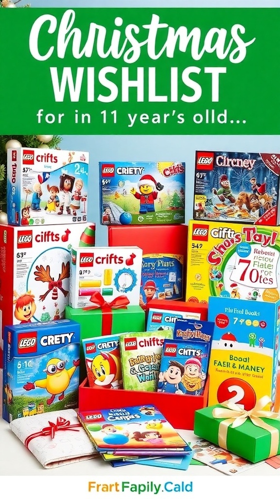 A festive display of Christmas gifts for an 11-year-old, including LEGO, board games, and art supplies.